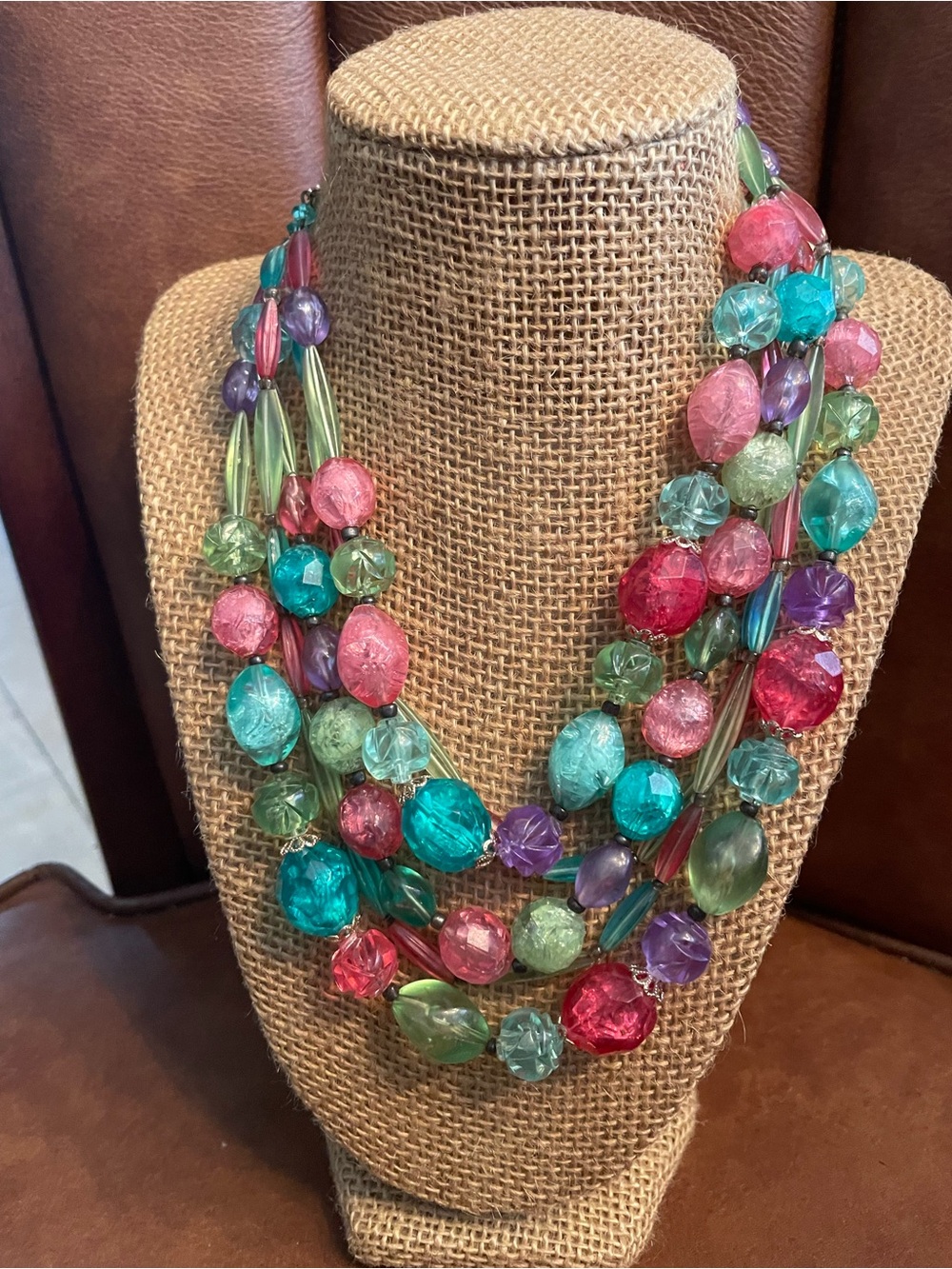 Vtg Lucite Multicolor Beaded 5 Layered Necklace Turquoise, Pink,Green, Purple